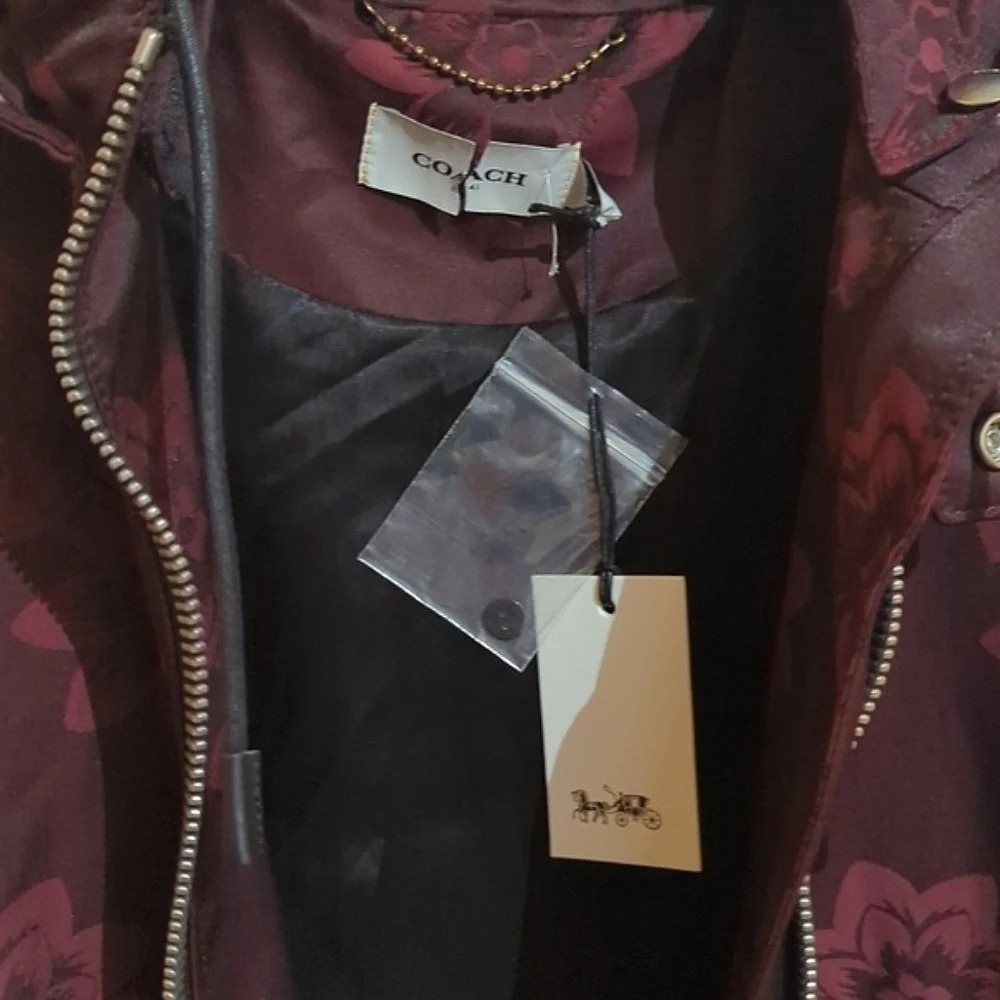 New Coach jacquard floral print leather trim parka‎ Rain jacket size small - Picture 4 of 14